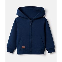 Babyhug 100% Cotton Knit Front Open Heavy Gauge Hooded Sweatshirt with Full Sleeves and Hey Patch - Navy Blue