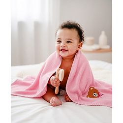 Babyhug Cotton Knit Microfiber Towel With Teddy Bear Embroidery L 31.5 X B 22.5 cm - Light Pink