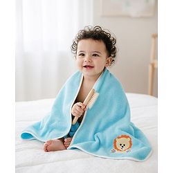 Babyhug Cotton Knit Microfiber Towel With Tiger Embroidery L 31.5 X B 22.5 cm - Aqua Blue