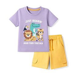 Babyhug Single Jersey Knit Half Sleeves T-Shirt & Shorts Set Animal Print - Lavender & Yellow