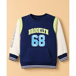 Babyhug 100% Cotton Knit Heavy Gauge Sweatshirt with Full Sleeves and Brooklyn 68 Print with Kangaroo Pockets - Navy Blue