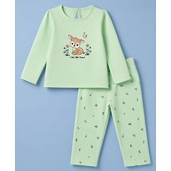 Babyhug 100% Cotton Knit Full Sleeves T-Shirt & Pyjama Night Suit with Deer & Floral Print - Green