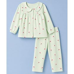 Babyhug 100% Cotton Knit Full Sleeves Co-Ords Shirt & Pyjama Night Suit with Floral Print - Light Green
