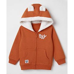 Babyhug 100% Cotton Knit Full Sleeves Front Open Hooded Sweatshirt with Nice Day Embroidery & Ear Applique - Rust Orange