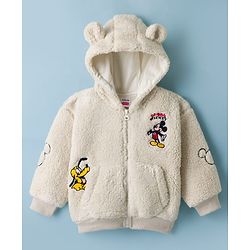 Babyhug Disney 100% Cotton Knit Fur Jacket with Full Sleeves and Mickey Mouse Embroidery in White