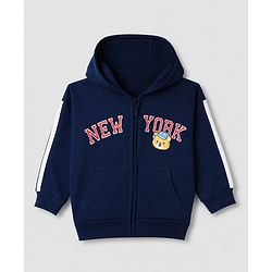 Babyhug 100% Cotton Knit Front Open Heavy Gauge Hooded Sweatshirt with Full Sleeves and New York Text & Tiger Print - Navy Blue