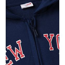 Babyhug 100% Cotton Knit Front Open Heavy Gauge Hooded Sweatshirt with Full Sleeves and New York Text & Tiger Print - Navy Blue
