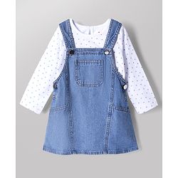 Babyhug Cotton Woven Full Sleeves Frock and Inner Tee with Polka Dots Print in Blue for 6-9 Months