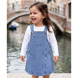 Babyhug Cotton Woven Full Sleeves Frock and Inner Tee with Polka Dots Print in Blue for 6-9 Months