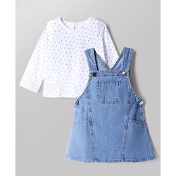 Babyhug Cotton Woven Full Sleeves Frock and Inner Tee with Polka Dots Print in Blue for 6-9 Months