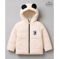 Babyhug Disney 100% Cotton Woven Hooded Padded/Quilted/ Winter Jacket With Full Sleeves And Mickey Mouse Mickey Mouse Patch In Offwhite