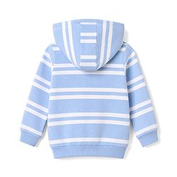 Babyhug 100% Cotton Knit Front Open Heavy Gauge Striped Hooded Sweatshirt with Full Sleeves and Tiger Patch - Light Blue