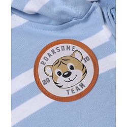 Babyhug 100% Cotton Knit Front Open Heavy Gauge Striped Hooded Sweatshirt with Full Sleeves and Tiger Patch - Light Blue