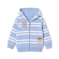 Babyhug 100% Cotton Knit Front Open Heavy Gauge Striped Hooded Sweatshirt with Full Sleeves and Tiger Patch - Light Blue