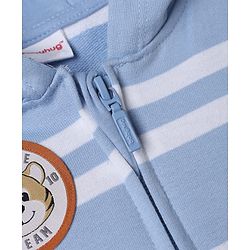 Babyhug 100% Cotton Knit Front Open Heavy Gauge Striped Hooded Sweatshirt with Full Sleeves and Tiger Patch - Light Blue
