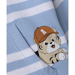 Babyhug 100% Cotton Knit Front Open Heavy Gauge Striped Hooded Sweatshirt with Full Sleeves and Tiger Patch - Light Blue
