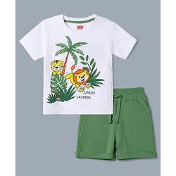 Babyhug 100% Cotton Single Jersey Knit Half Sleeves Printed T-Shirt & Shorts Set With Lion & Tree Print - White