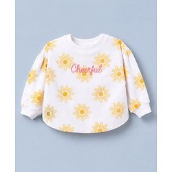 Babyhug 100% Cotton Knit Heavy Gauge Full Sleeves Sweatshirt with Floral & Text Print - White