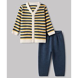 Babyhug Knit Cardigan and Pant with Full Sleeves and Striped Print in Navy Blue for 3-6 Months