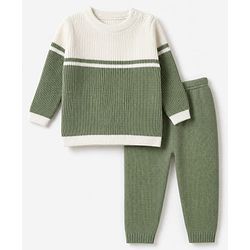 Babyhug Knit Full Sleeves Color Block Sweater Set - Green/White