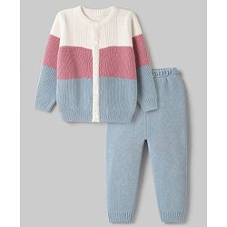 Babyhug Knit Full Sleeves Sweater Set with Color Block Design -Pink