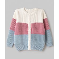 Babyhug Knit Full Sleeves Sweater Set with Color Block Design -Pink