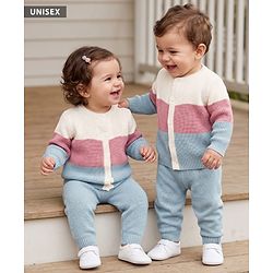 Babyhug Knit Full Sleeves Sweater Set with Color Block Design -Pink