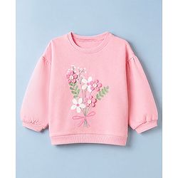 Babyhug 100% Cotton Heavy Gauge Fleece Knit Warm Sweatshirt with Full Sleeves & Floral Applique - Pink