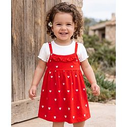Babyhug Cotton Knit Frock with Inner Tee with Half Sleeves and Heart Print in Red