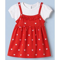 Babyhug Cotton Knit Frock with Inner Tee with Half Sleeves and Heart Print in Red