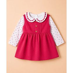 Babyhug Cotton Knit Full Sleeves Frock with Inner Tee and Heart Embroidery in Red for 6-9 Months