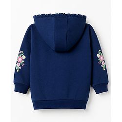 Babyhug 100% Cotton Knit Front Open Sweat Jacket with Full Sleeves and Flowers and Text Embroidery - Navy Blue
