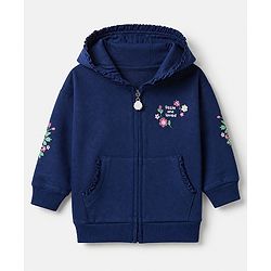 Babyhug 100% Cotton Knit Front Open Sweat Jacket with Full Sleeves and Flowers and Text Embroidery - Navy Blue