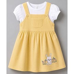 Babyhug 100% Cotton Single Jersey Knit Frock with Short Sleeves Inner Tee With Rabbit Embroidery - Yellow