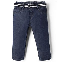 Babyhug Cotton Poly Denim Washed Jeans With Stretch Belt - Dark Blue