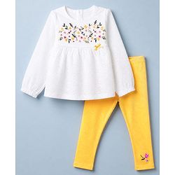Babyhug 100% Cotton Single Jersey Knit Full Sleeves Top & Leggings with Floral Embroidery - White & Yellow