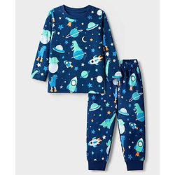 Babyhug 100% Cotton Knit Full Sleeves Co-Ords T-Shirt & Pyjama Night Suit with Space & Dinosaur Print - Navy Blue