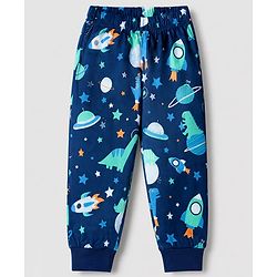 Babyhug 100% Cotton Knit Full Sleeves Co-Ords T-Shirt & Pyjama Night Suit with Space & Dinosaur Print - Navy Blue