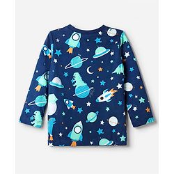 Babyhug 100% Cotton Knit Full Sleeves Co-Ords T-Shirt & Pyjama Night Suit with Space & Dinosaur Print - Navy Blue