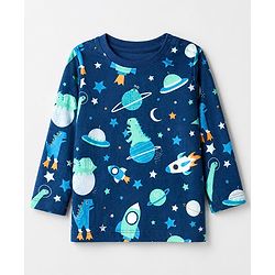 Babyhug 100% Cotton Knit Full Sleeves Co-Ords T-Shirt & Pyjama Night Suit with Space & Dinosaur Print - Navy Blue