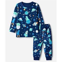 Babyhug 100% Cotton Knit Full Sleeves Co-Ords T-Shirt & Pyjama Night Suit with Space & Dinosaur Print - Navy Blue