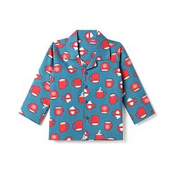 Babyhug 100% Cotton Woven Full Sleeves Co-Ords Shirt & Pyjama Night Suit with Coffee Mug Print - Green