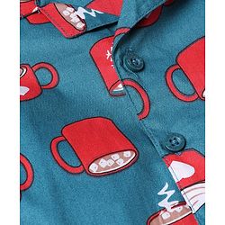 Babyhug 100% Cotton Woven Full Sleeves Co-Ords Shirt & Pyjama Night Suit with Coffee Mug Print - Green