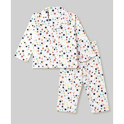 Babyhug 100% Cotton Woven Full Sleeves Co-Ords Shirt & Pyjama Night Suit with Star Print - White