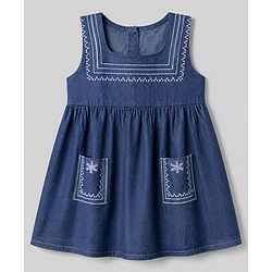 Babyhug Denim Woven Full Sleeves Frock with Inner Tee and Floral Embroidery - Blue