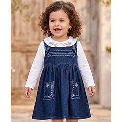 Babyhug Denim Woven Full Sleeves Frock with Inner Tee and Floral Embroidery - Blue