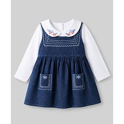 Babyhug Denim Woven Full Sleeves Frock with Inner Tee and Floral Embroidery - Blue