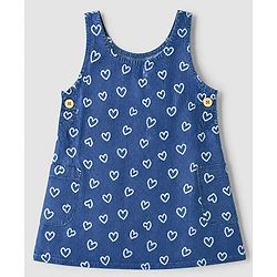 Babyhug Denim Woven Frock with Inner Tee with Half Sleeves and Hearts Print - Blue