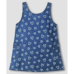 Babyhug Denim Woven Frock with Inner Tee with Half Sleeves and Hearts Print - Blue