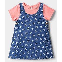 Babyhug Denim Woven Frock with Inner Tee with Half Sleeves and Hearts Print - Blue